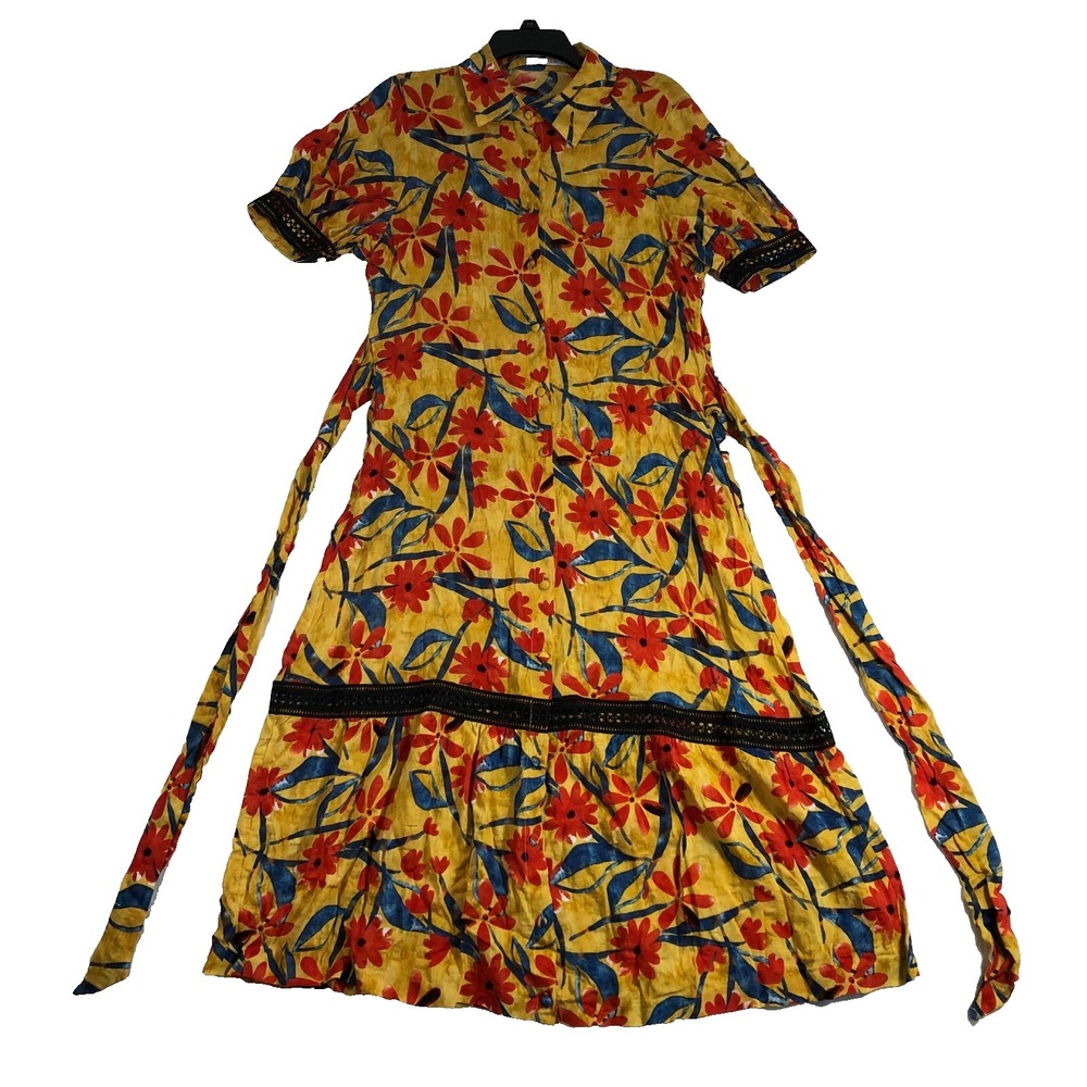 Mulla Dress‎ Women's Large Floral Yellow Buttoned Short Sleeve Tie Back Pockets